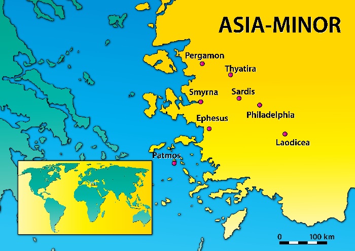 Patmos is an island off the west coast of Asia Minor. The seven churches of Asia Minor to which Revelation was addressed were cities in Western Asia Minor.